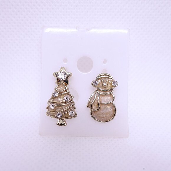 💎3/25💎NOS Vintage Retro Christmas Tree & Snowman Enamel Pierced Stud Earrings - Picture 1 of 2